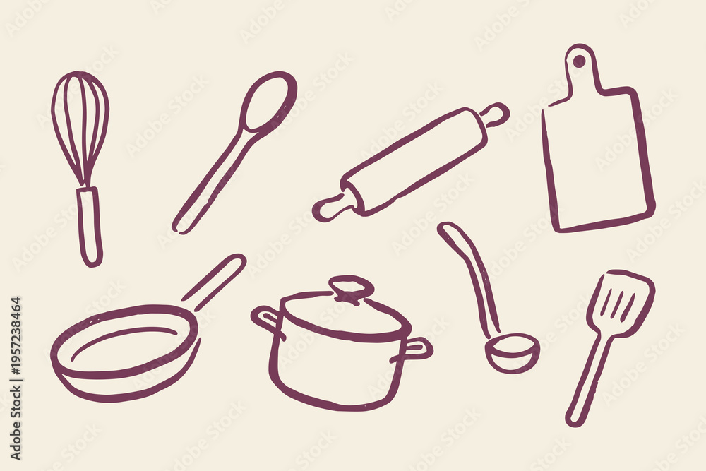 Fototapeta premium Kitchen utensils doodle icon set vector illustration