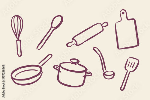 Kitchen utensils doodle icon set vector illustration