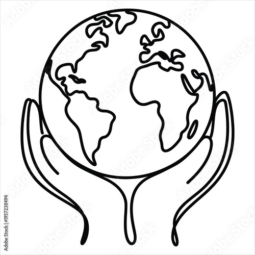 Simple outline drawing of caring hands holding the world globe in a protective gesture