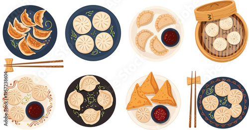 Asian Dumpling Food Vector Illustration Set with Gyoza, Bao, Steamed Buns, Plates, Chopsticks, and Sauce Bowls for Restaurant Menu Design, Packaging, and Culinary Branding Projects