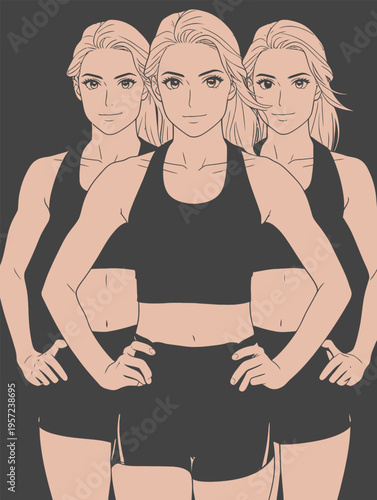 Three women stand together in sports outfits, showing confidence and strength in a simple pose without any background distractions
