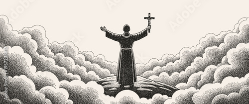 Priest Holding Crucifix Standing on Hill Among the Clouds Illustration in Vintage Stippling Style