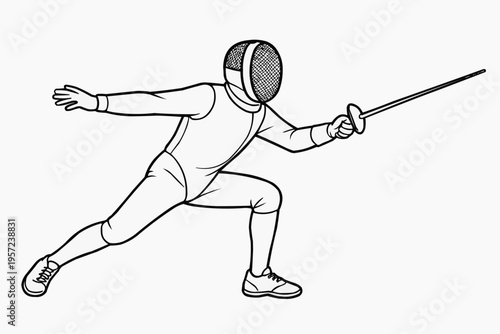 Coloring page for children - a fencer lunges with a rapier during a duel, focused and athletic