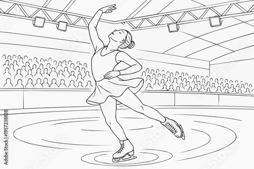 Coloring page for children - a figure skater performing a spin on an ice rink under the lights of the arena