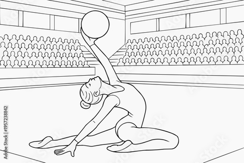 Coloring page for children - a gymnast gracefully performs a ball exercise in the gym