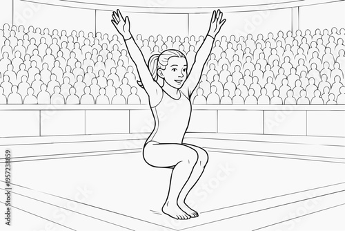 Coloring page for children - a gymnast lands perfectly after a jump with her arms raised in a colorful arena