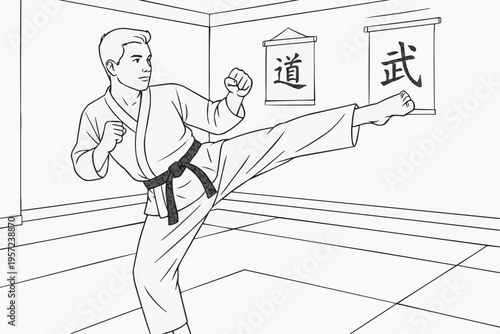 Coloring page for children - a martial arts master practicing kicks in a dojo on training mats