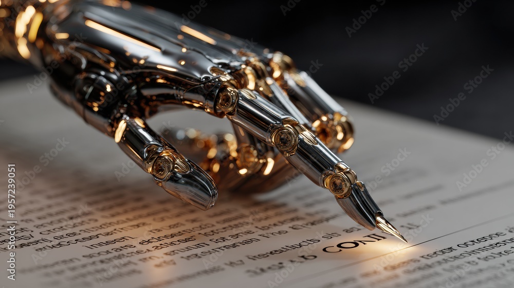Obraz premium Robotic Hand Interacts With Digital Contract, Showcasing AI Automation in a Modern Legal Environment