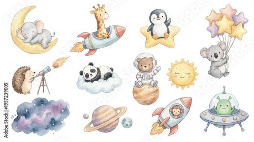 Adorable nursery space clipart with watercolor animals, rocket ships, planets, moon, stars, sun, clouds. Collection of Vector illustrations.Perfect for invitation, card, poster, banner, decoration