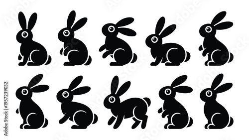 Black silhouette set of ten cats in various poses feline