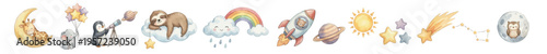 Cute watercolor nursery space set with animals, rainbow, stars, moon, sun, planets, clouds, telescope. Collection of Vector illustrations. Perfect for invitation, card, poster, banner, decoration