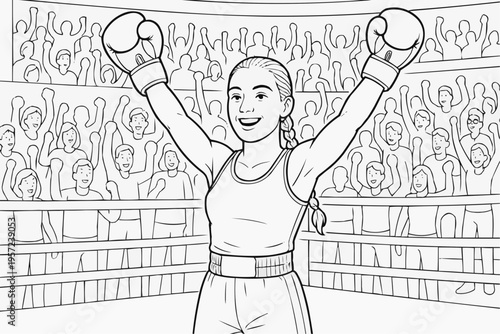 Coloring page for children - a female boxer celebrating victory with her arms raised in a boxing ring, surrounded by fans