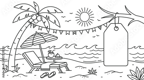 Beach Scene with Palm Tree Umbrella and Blank Tag