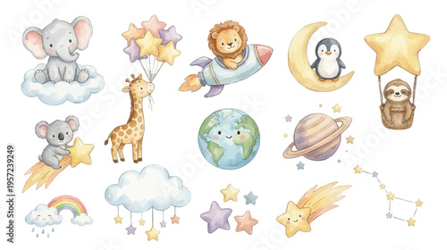 Adorable watercolor nursery space clipart with animals, planets and stars. Collection of Vector illustrations. Perfect for invitation, card, poster, banner, decoration 
