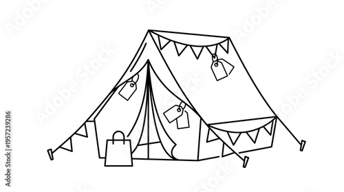 Black and White Camping Tent with Decorated Flags and Tags