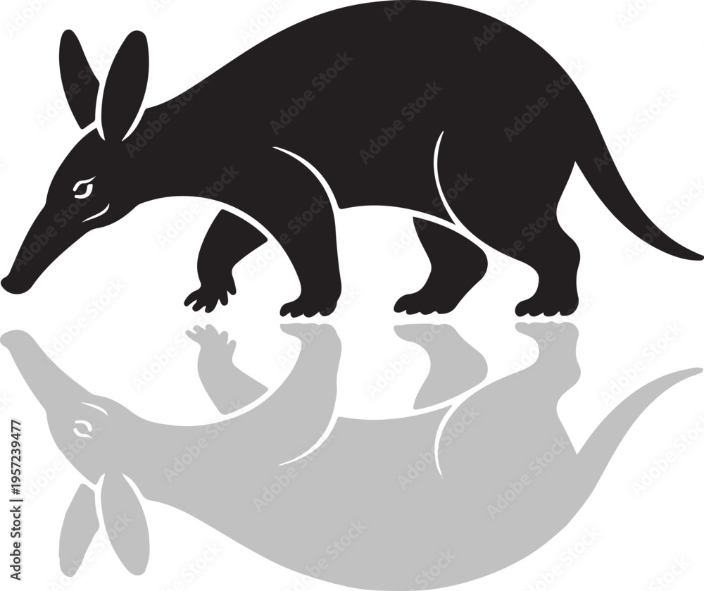 Fototapeta premium Black Silhouette Aardvark Walking with Reflection on white Background