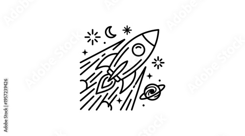 Black and White Rocket Ship Soaring Through Space