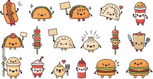 Cute Kawaii Fast Food Characters Vector Set with Burger, Taco, Hot Dog, Dumpling, Skewer, Drinks and Funny Faces for Stickers, Kids Design, Street Food Branding, and Packaging