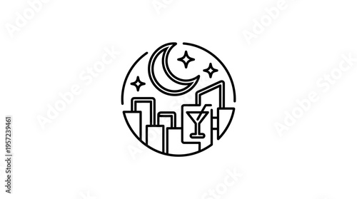 Nightlife Cityscape Icon with Moon and Stars