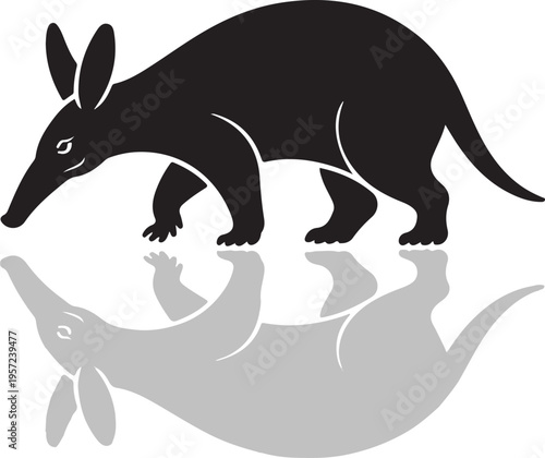 Black Silhouette Aardvark Walking with Reflection on white Background