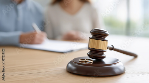 Unhappy couple signing divorce papers in court, gavel and wedding rings symbolizing legal separation and marital problems, ending relationship, copy space