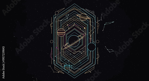 Cosmic Geometric Hexagon with Planets and Stars