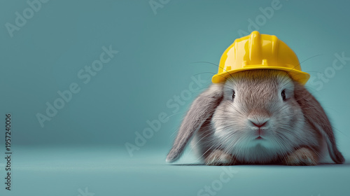 Bunny with yellow hard hat working on construction project, symbolizing safety, hard labor, skill, and building new small businesses or a startup team, copy space