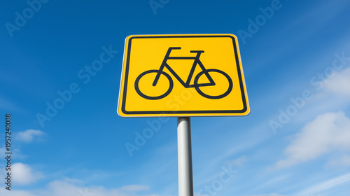 Yellow square traffic sign indicating bicycle path ahead or sharing road. Displaying a clear black bike icon under a bright blue sky with light clouds