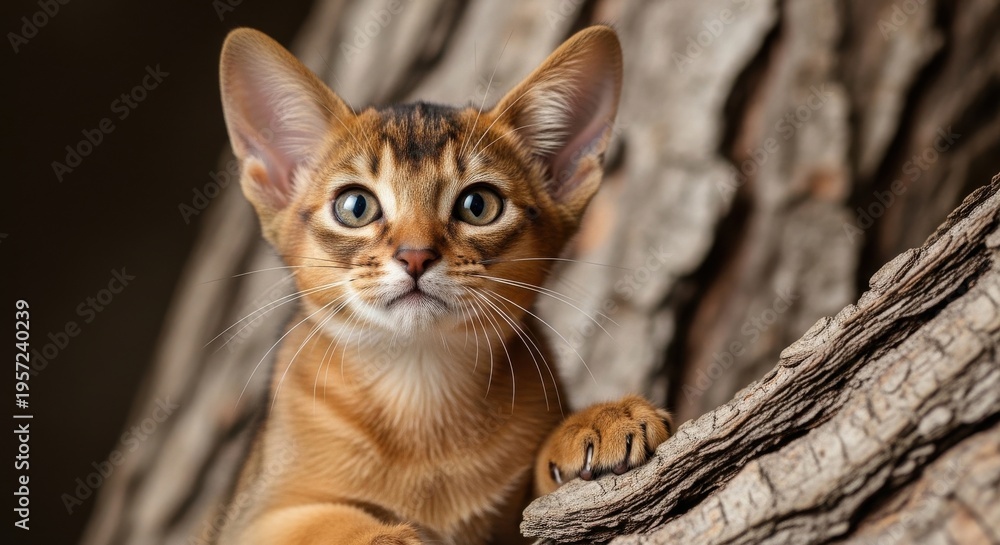 Fototapeta premium Curious Abyssinian kitten peeking from textured wood, a captivating close-up animal portrait