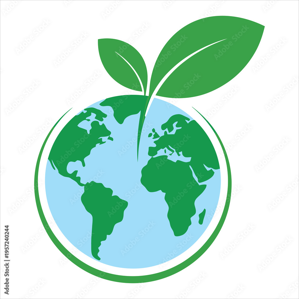 Obraz premium Vibrant green leaves emerge from a bright blue and green globe, symbolizing environmental growth
