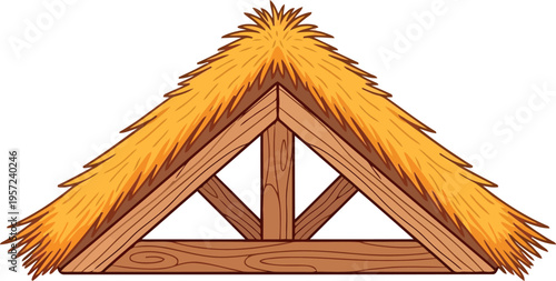 Cartoon Thatched Roof Gable with Wooden Beams Isolated on White Background Vector Illustration