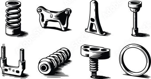 vintage engraved mechanical auto parts and suspension components vector illustration