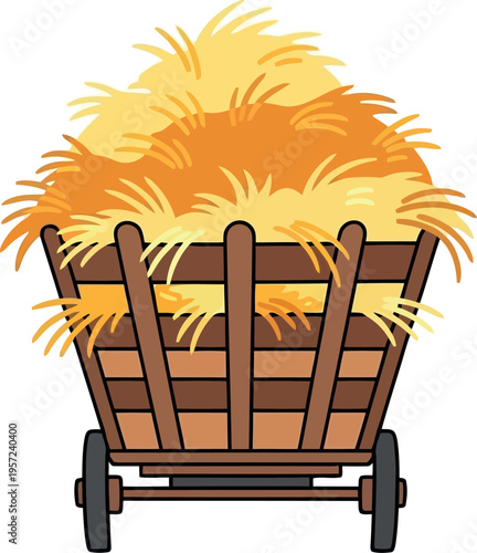 Rustic wooden cart filled with yellow hay illustration for farm and harvest themes