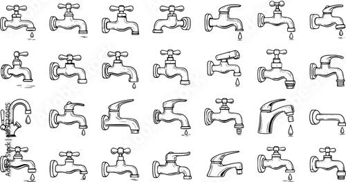 Collection of Various Hand-Drawn Faucets, Water Taps, and Plumbing Fixtures in Black and White