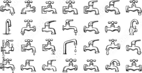 Hand-drawn sketch collection of various water faucets and taps, featuring different styles, isolated on white for plumbing, water conservation, and household design themes.