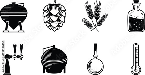 Craft Beer Brewery Equipment and Ingredient Icon Set vector