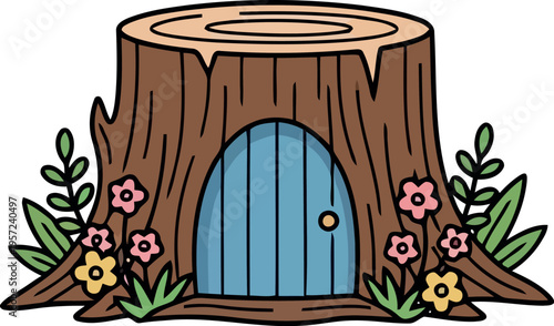 Whimsical Cartoon Tree Stump House with Blue Door and Flowers, Fairy Tale Forest Illustration