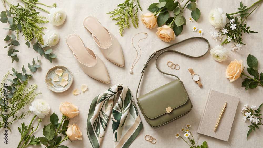 Fototapeta premium Flat lay composition of womens beige high-heeled shoes green handbag necklace rings bracelet watch scarf notebook and pen surrounded by roses eucalyptus and white flowers. Stylish spring fashion