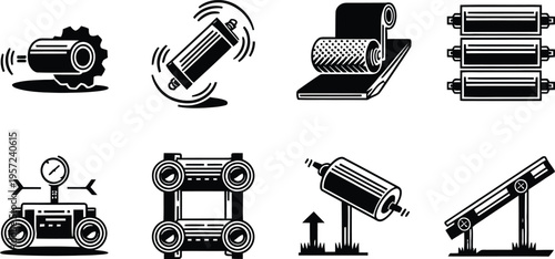 Industrial machinery and manufacturing equipment roller icon set vector