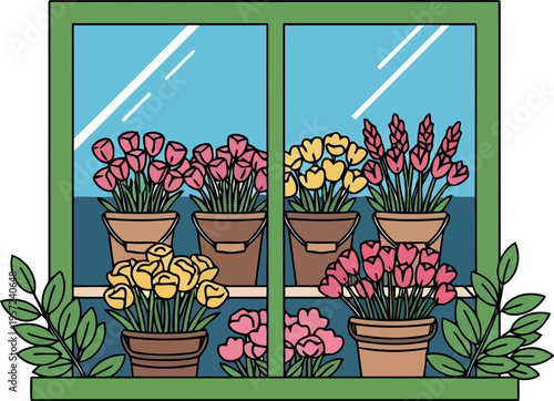 Colorful potted flowers on windowsill illustration with spring tulips and green leaves in cartoon style