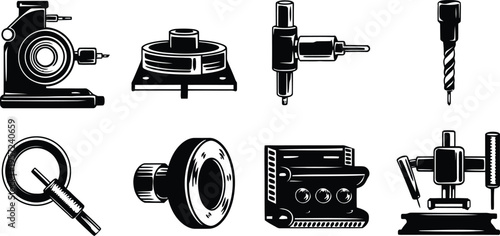 Industrial Machinery Parts and Metalworking Tools Icons Set Vector