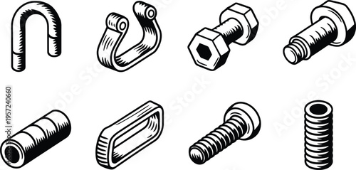 Vintage Engraved Mechanical Fasteners Bolts Screws And Hardware Parts Set Vector