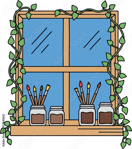 Artistic window illustration with paintbrush jars and green vines on windowsill, creative workspace decor