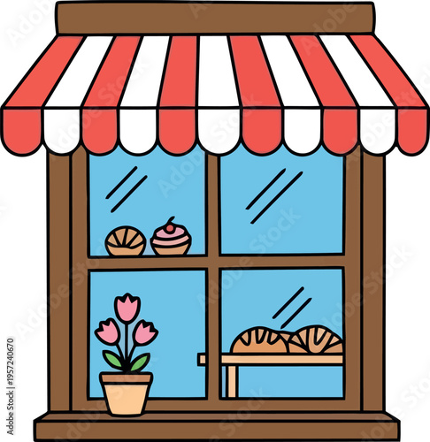Cute bakery shop window with striped awning, pastries, and potted flowers in flat cartoon style
