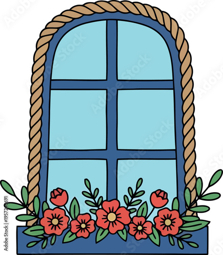 Obraz na płótnie Hand-drawn blue window with rope frame and red flower box illustration for sprin