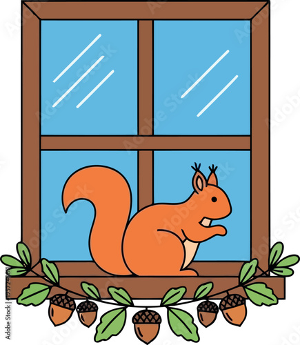 Cute Cartoon Squirrel Sitting on Window Sill with Acorns and Oak Leaves Autumn Illustration