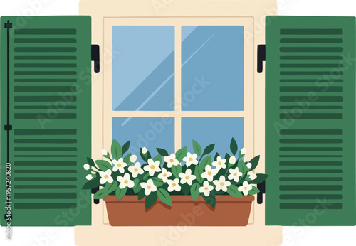 Vector illustration of window with green shutters and blooming white flowers in planter box