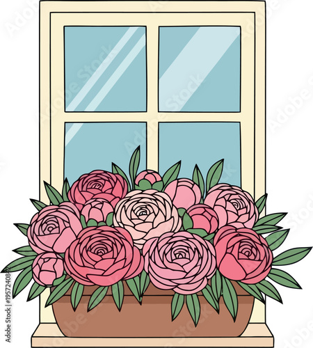 Vector illustration of pink roses in a flower box on a window sill for spring home decor