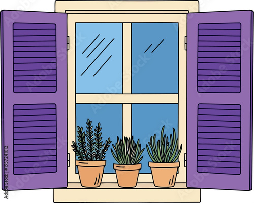 Vector illustration of a window with purple shutters and potted houseplants on the windowsill