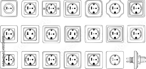Diverse Set of European-Style Electrical Outlet and Plug Illustrations